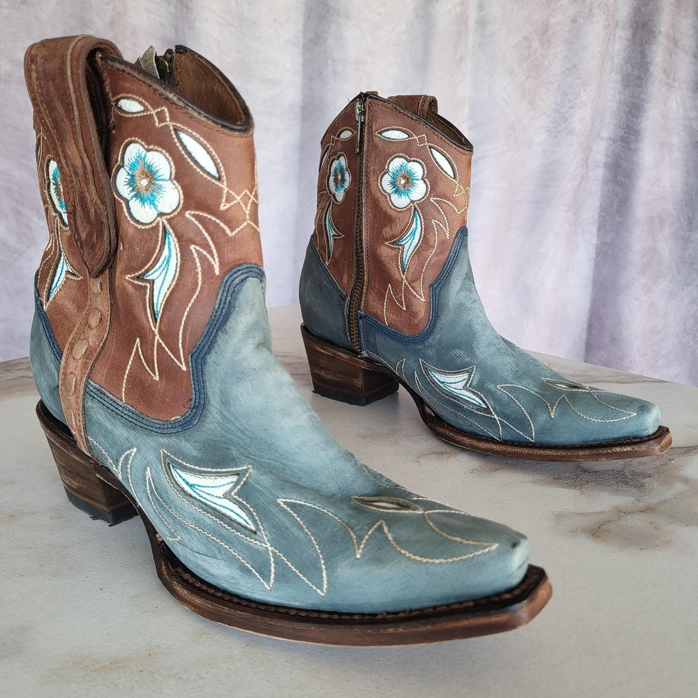 Cirgle G Inlay Western Leather Boots Womens Size 6 Blue Brown Floral